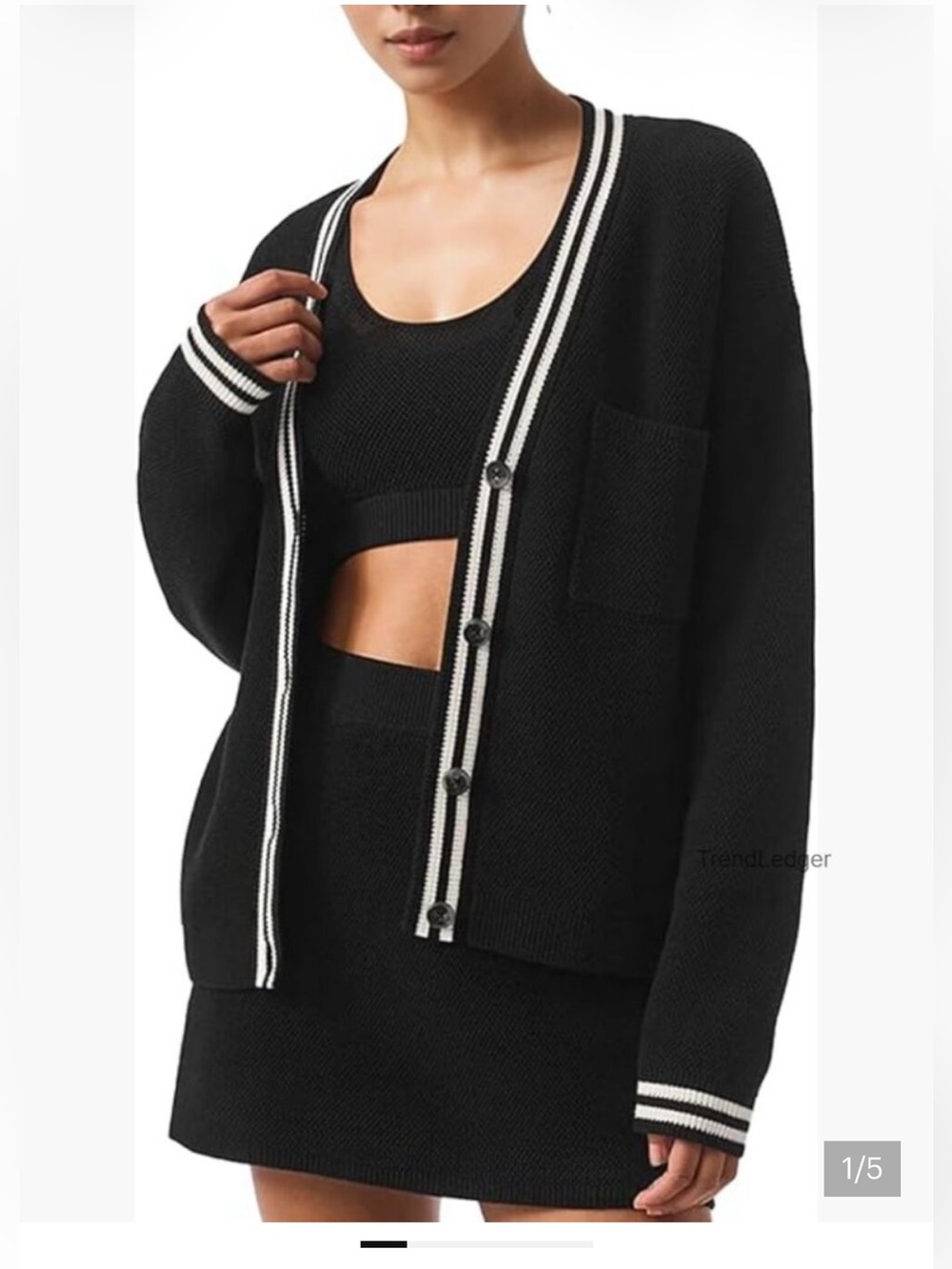ALO Yoga Women’s Black Cardigan Sweater with White Stripe Trim